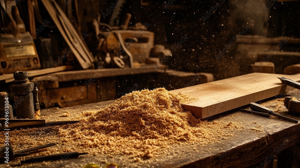 A pile of freshly created sawdust sits next to a length of smooth wood in a cozy workshop, illuminated by warm, late afternoon sunlight filtering through the space A pile of freshly created sawdust sits next to a length of smooth wood in a cozy workshop, illuminated by warm, late afternoon sunlight filtering through the space