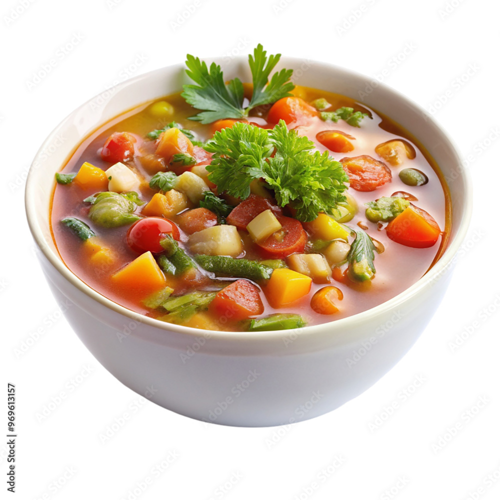 A bowl of hearty vegetable soup isolated on transparent background. A bowl of hearty vegetable soup isolated on transparent background.