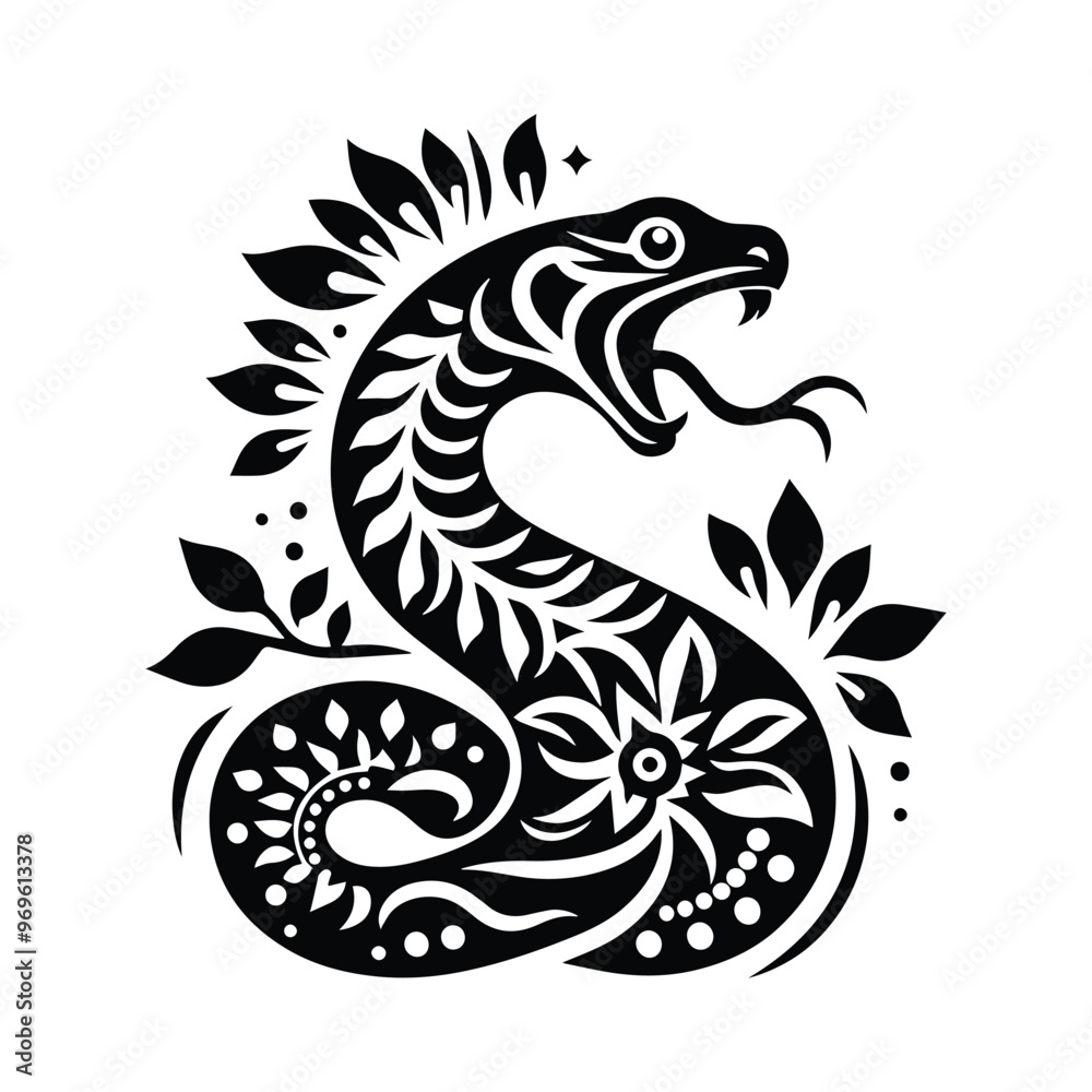 snake in folk art black and white silhouette illustration - snake in folk art black and white silhouette illustration -