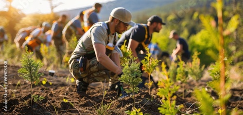 Individuals participating in outdoor restoration by planting trees in a natural setting during a sunny day.