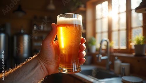 Hand holding a glass of golden craft beer with foam, illuminated by warm sunlight in a cozy kitchen, creating a relaxed and inviting atmosphere.
