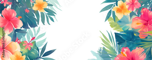 Bright vivid tropical hawaiian summer flowers frame border with transparent white background