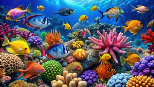 Colorful of vibrant marine life with unique shapes and patterns, marine life, underwater, ocean, colorful, vibrant, fantasy