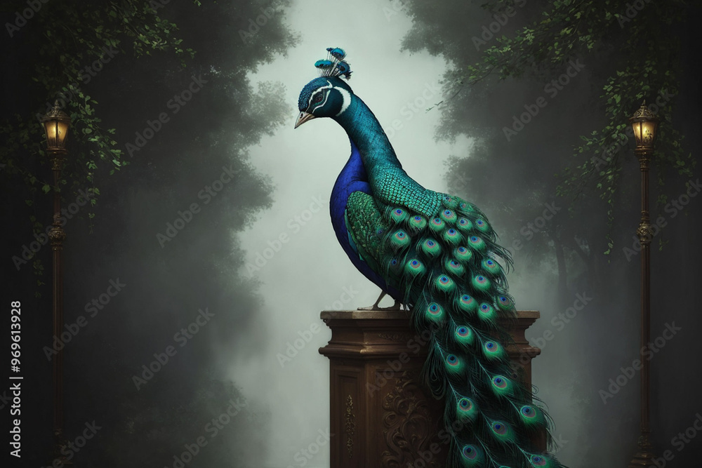 Obraz premium peacock in front of the sky with old-timey lamps framing it and trees in the background