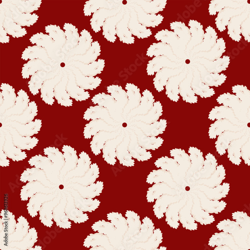 Seamless pattern of abstract shaggy snowflakes on a red background