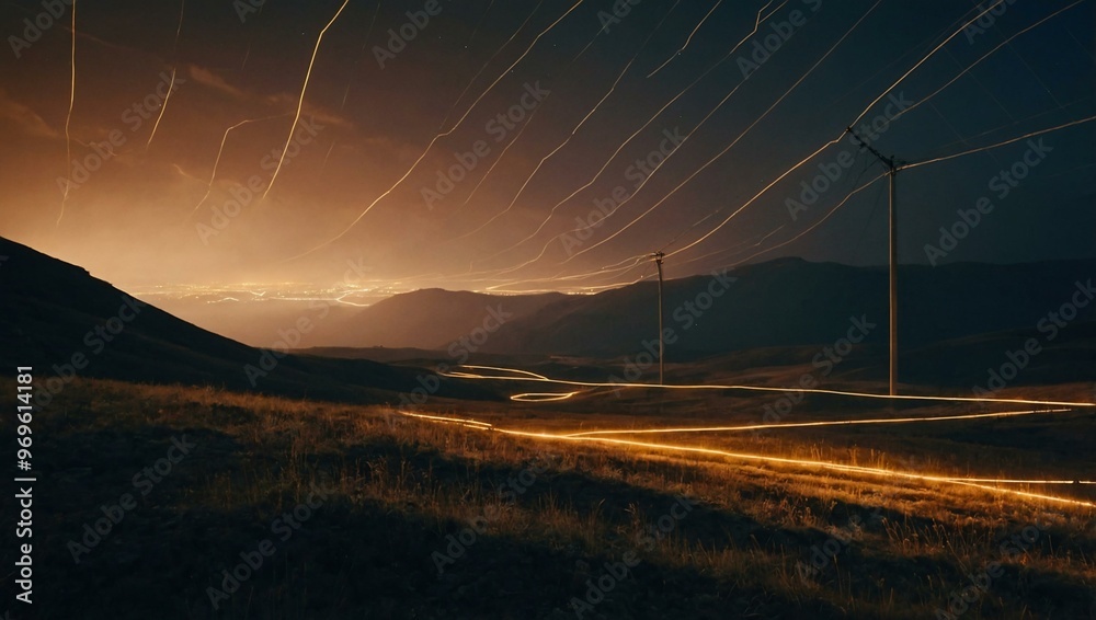 Digital landscape with glowing lines and beams. Digital landscape with glowing lines and beams.