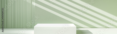 White empty rectangular podium with striped light shadows and soft vertical panel decor on green background. Product display background with copy space