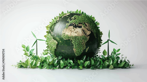 3D illustration of an Earth globe with green leaves and wind turbines on a white background-gigapixel-standard-scale-4_00x