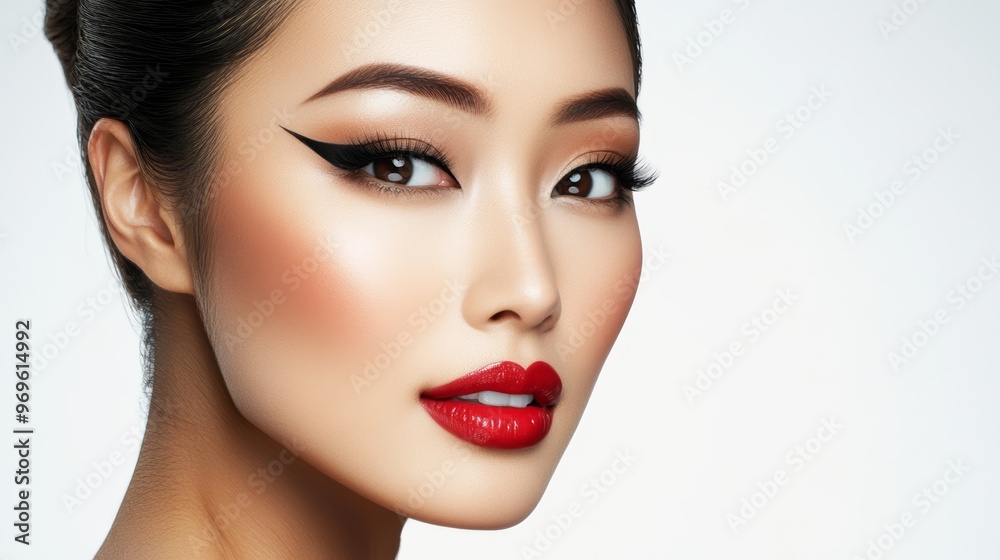 Close Up Portrait of Beautiful Asian Woman with Red Lips and Black Eyeliner.