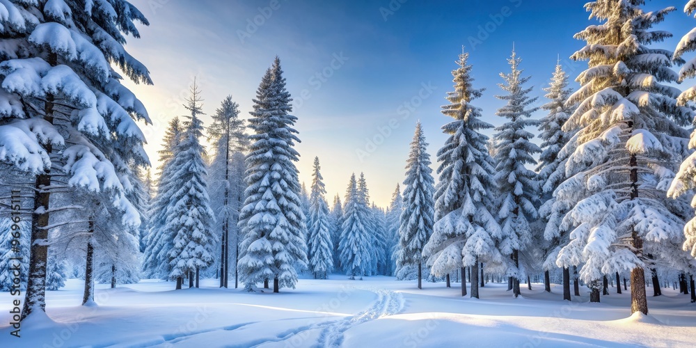 Obraz premium Snow-covered trees in a serene winter forest setting, winter, forest, morning, snow, trees, peaceful, cold, nature, tranquil