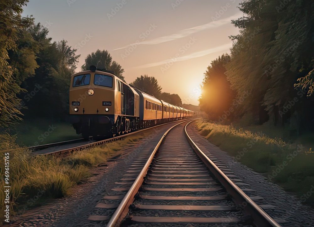 A beautiful train is traveling down its train tracks as the sun sets