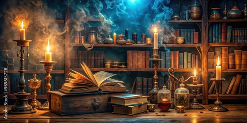 Sorcerer's library with magical books and artifacts casting spells, sorcerer, library, magical, books, artifacts, spells