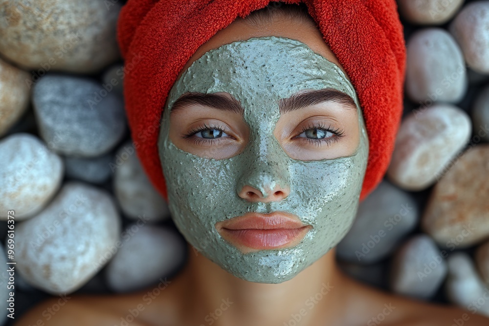 A woman with a green facial mask and a red towel relaxing, embodying beauty, self-care, and wellness during a spa day. A woman with a green facial mask and a red towel relaxing, embodying beauty, self-care, and wellness during a spa day.