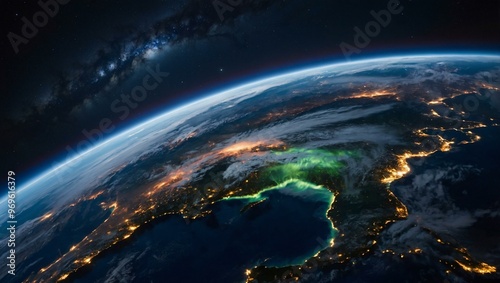 Earth from space with vivid auroras, detailed textures of continents and oceans, and the Milky Way stretching across the sky.