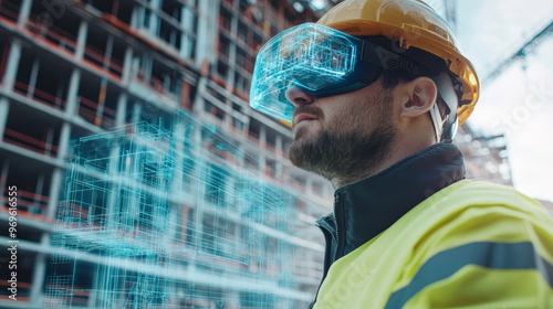 A construction worker wearing augmented reality glasses observes digital blueprint on construction site, showcasing integration of technology in modern building practices