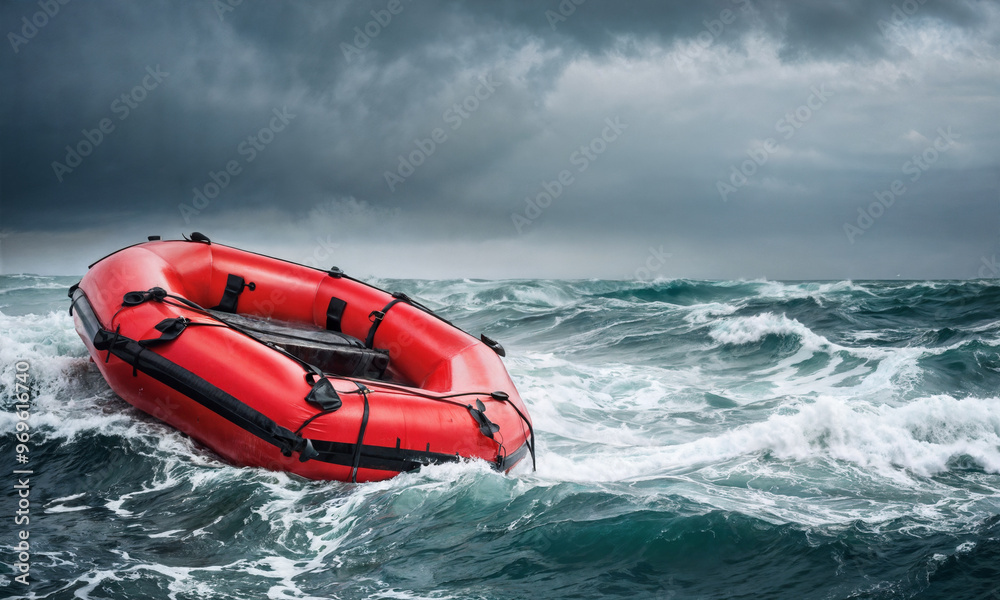 Fototapeta premium Two rescuers in a red raft face powerful waves while performing a daring maritime rescue amidst stormy conditions.