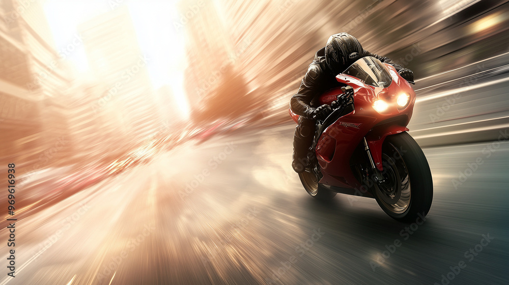 Fototapeta premium Motocyklista pędzi przez wąskie ulice i kręte zakręty, pozostawiając za sobą smugę kurzu i spaliny. Szybkie ruchy i dynamiczne manewry tworzą napiętą atmosferę
