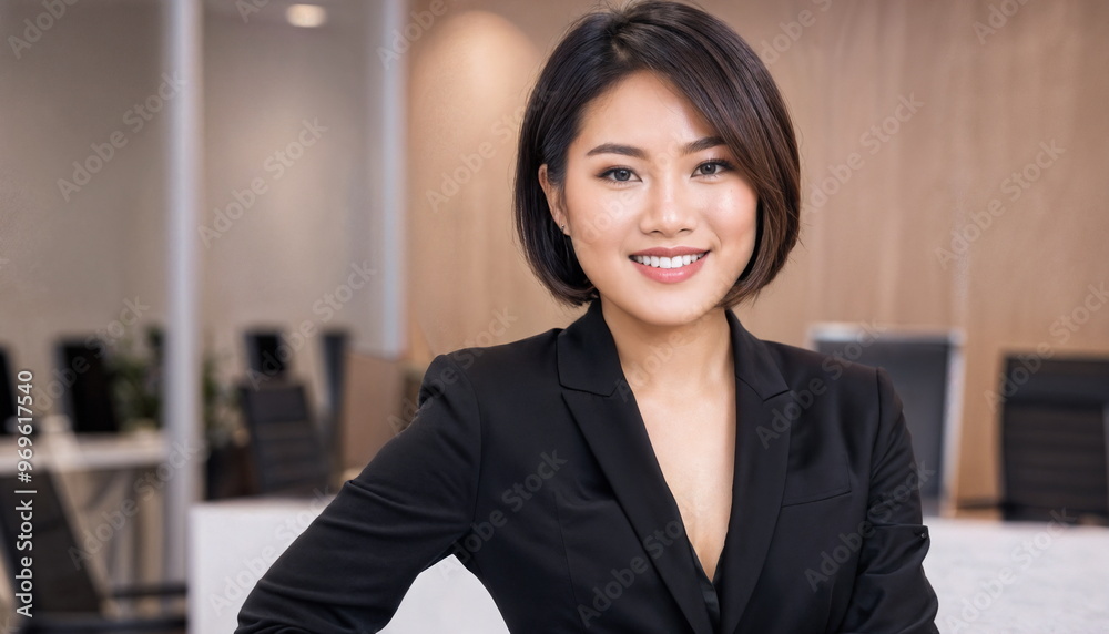 Asian woman wearing black blazer and skirt stands in professional pose, her arms crossed, in an office building with light background. Her hair is short and styled, and she is wearing a white blouse Asian woman wearing black blazer and skirt stands in professional pose, her arms crossed, in an office building with light background. Her hair is short and styled, and she is wearing a white blouse
