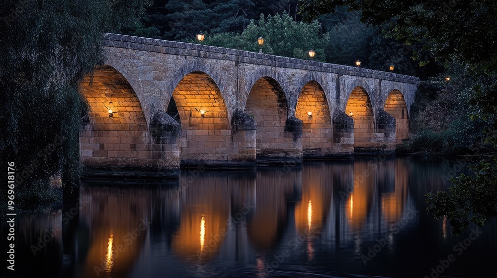 Fototapeta premium A historic stone bridge over a river, with subtle lanterns casting shadows on the ancient arches at night. Timeless and atmospheric