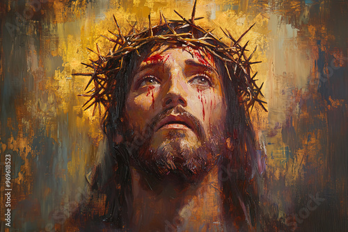 Oil painting of Jesus Christ with a crown of thorns on his head