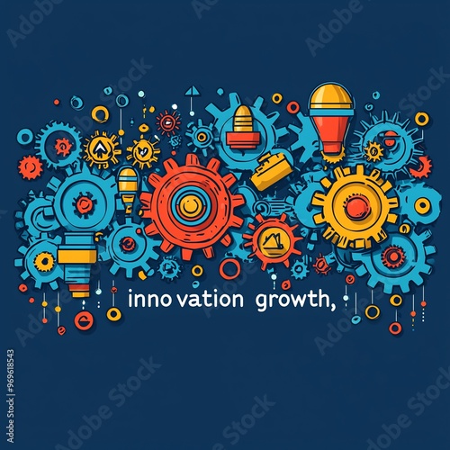 Vector design of gears interlocking and turning with one gear labeled innovation driving the other labeled growth symbolizing the mechanics of business expansion photo