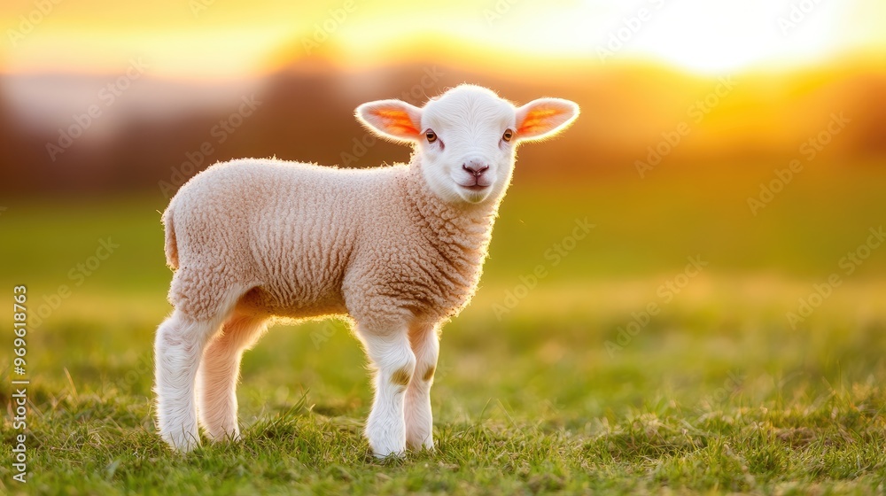 Fototapeta premium A charming lamb with soft white fur stands in a vibrant grassy field, enjoying the fresh air and serene surroundings on a sunny day