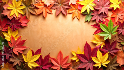 Colorful maple leaves in rich autumn tones of red, orange, and yellow are artfully arranged on a wooden surface, capturing the essence of the season's beauty.