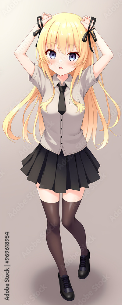 A cheerful anime girl with long blonde hair wears a shirt and plaid skirt, stocking, playfully posing with a smile. The setting is bright, emphasizing her vibrant character and dynamic pose A cheerful anime girl with long blonde hair wears a shirt and plaid skirt, stocking, playfully posing with a smile. The setting is bright, emphasizing her vibrant character and dynamic pose