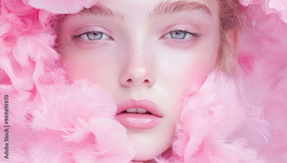 How can the soft pink tones in the image be used to inspire a makeup campaign focused on pastel beauty and fresh, dewy skin looks How can the soft pink tones in the image be used to inspire a makeup campaign focused on pastel beauty and fresh, dewy skin looks