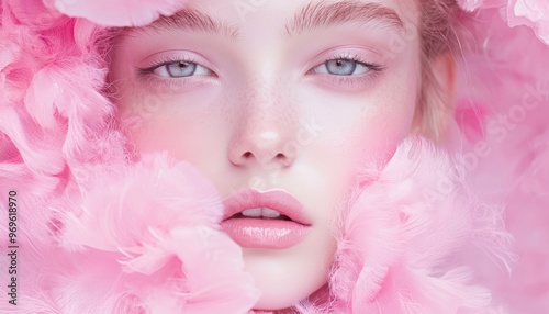 How can the soft pink tones in the image be used to inspire a makeup campaign focused on pastel beauty and fresh, dewy skin looks