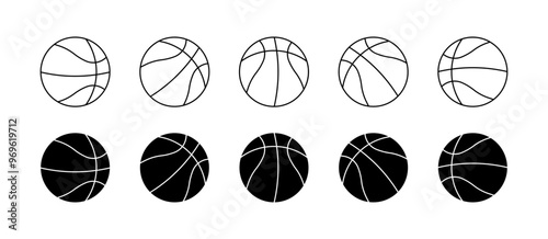 Basketball set icons. Linear and silhouette style. Vector icons.