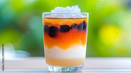 Traditional Filipino sago't gulaman served in a clear glass, with layers of dark gulaman jelly and light sago pearls swimming in the sweet, syrupy liquid, topped with crushed ice. The refreshing  photo