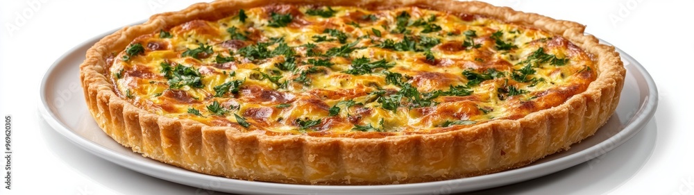Quiche Indulgence, A vibrant full-body portrait of a delectable quiche on a pristine plate, set against a clean white background, showcasing its enticing layers and colors. Quiche Indulgence, A vibrant full-body portrait of a delectable quiche on a pristine plate, set against a clean white background, showcasing its enticing layers and colors.