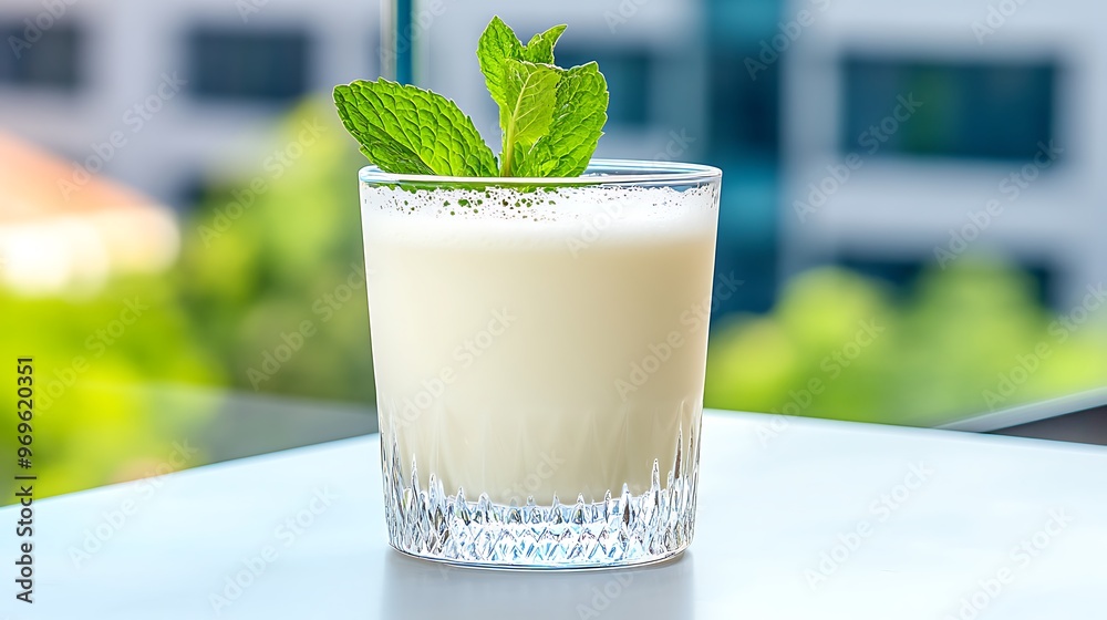 Traditional Persian doogh served in an ornate glass, with a frothy top and a sprig of mint for garnish. The carbonated yogurt drink has a refreshing, creamy texture, with condensation forming Traditional Persian doogh served in an ornate glass, with a frothy top and a sprig of mint for garnish. The carbonated yogurt drink has a refreshing, creamy texture, with condensation forming