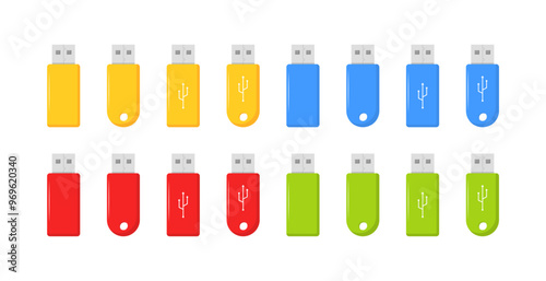USB flash drive set icons. Flat style. Vector icons.