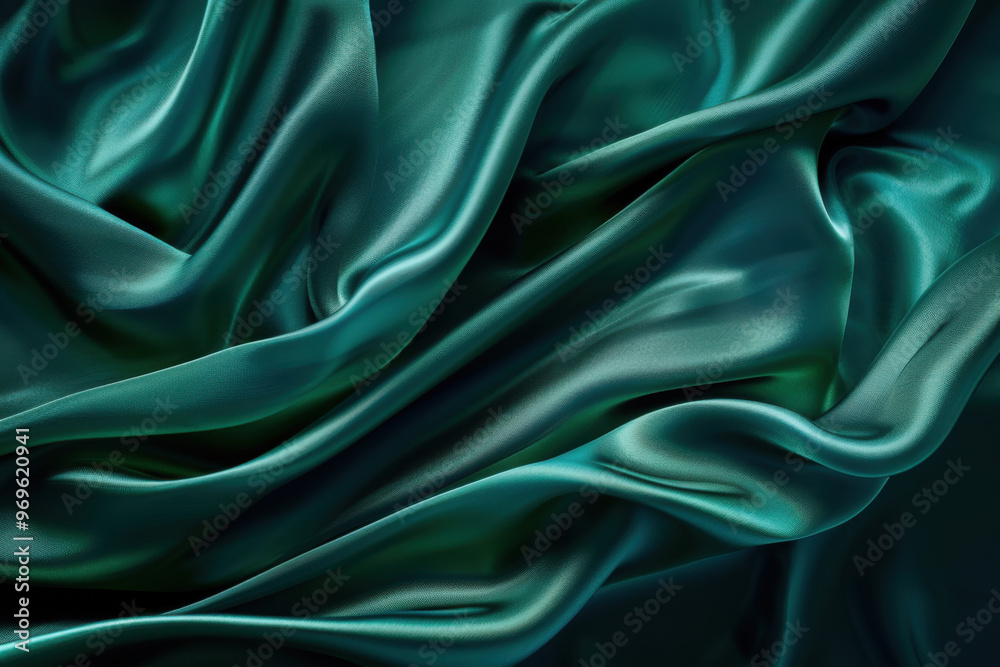 Flowing emerald green satin fabric with soft folds and glossy texture Flowing emerald green satin fabric with soft folds and glossy texture