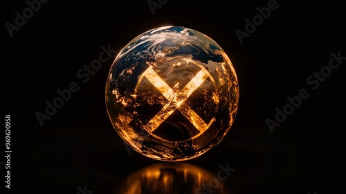 Illuminated earth globe featuring nuclear warning symbol signaling potential global conflict