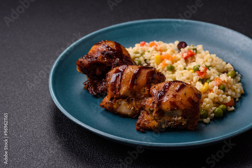 Grilled chicken or turkey shish kebab with salt, spices and herbs