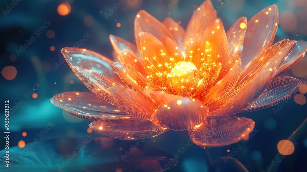 A 3D magical flower in Kamaha, blooming with radiant energy, glowing petals softly floating around in a magical, abstract garden. Delicate and luminous