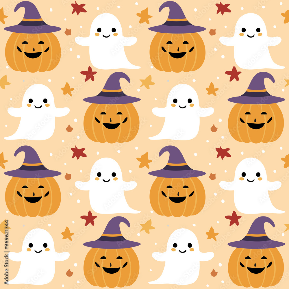 Obraz premium Cute ghosts, pumpkins, and witch hats seamless pattern for Halloween holiday. Halloween background for fabric, wrapping paper, textile, wallpaper and craft.