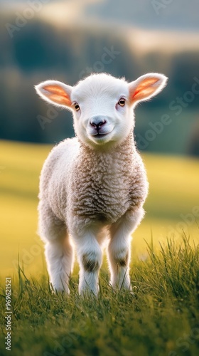 A charming lamb with soft white fur stands in a vibrant grassy field, enjoying the fresh air and serene surroundings on a sunny day