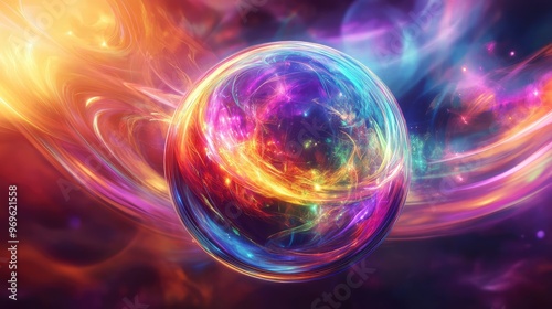 A floating 3D sphere of Kamaha magic, pulsating with colorful energy, surrounded by shimmering, translucent rings of light. Mystical and abstract