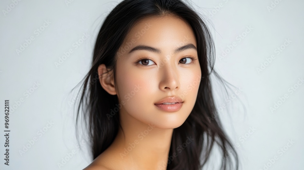 Close-up portrait of a beautiful young woman with long black hair.