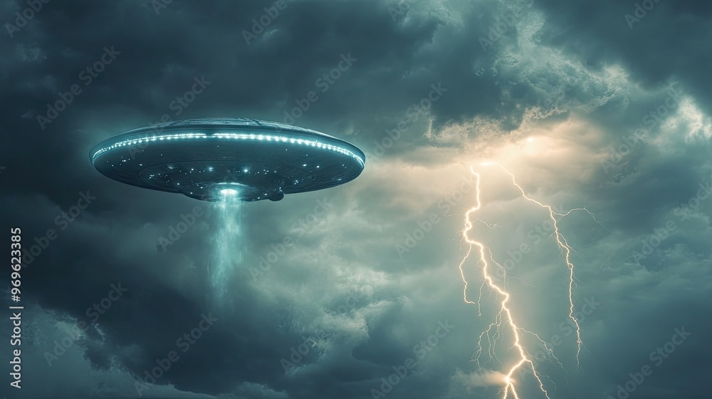 An eerie UFO hovering in a thunderstorm, lightning illuminating the cloudy sky as the spacecraft remains motionless.