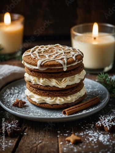 Gingerbread cookie sandwiches filled with creamy buttercream, served on a rustic backdrop.