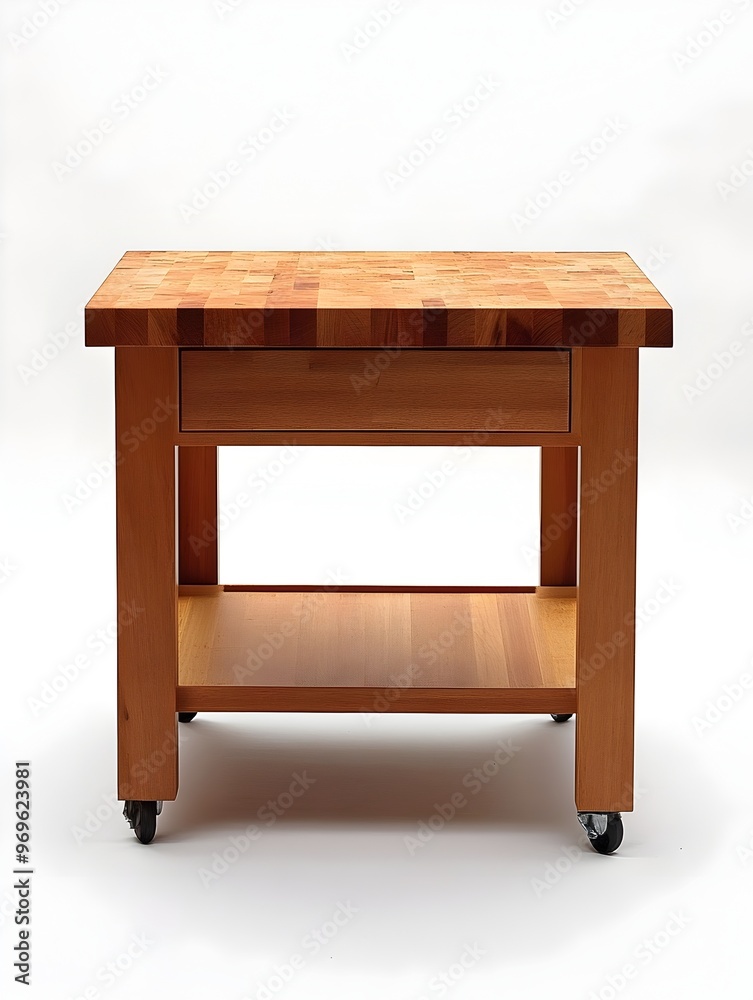 Compact wooden kitchen island with a durable butcher block top standing alone on a plain white studio background Functional kitchen furniture piece for food and dining Compact wooden kitchen island with a durable butcher block top standing alone on a plain white studio background Functional kitchen furniture piece for food and dining