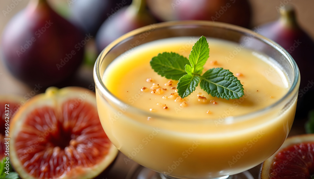 A delicious mango dessert topped with mint leaves, surrounded by fresh figs. Perfect for a sweet treat or gourmet presentation at any event. A delicious mango dessert topped with mint leaves, surrounded by fresh figs. Perfect for a sweet treat or gourmet presentation at any event.