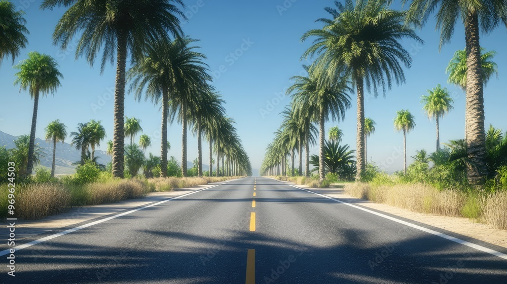 Fototapeta premium A long road with towering palm trees on both sides, leading to the horizon under a clear blue sky. Soft shadows from the trees stretch across the asphalt