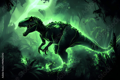 Fototapeta Naklejka Na Ścianę i Meble -  A glowing dinosaur in a dark, lush jungle, creating a mysterious and vibrant atmosphere.
