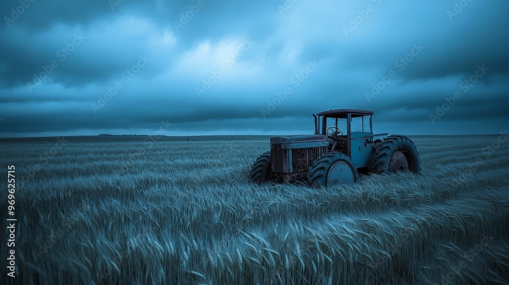 Fototapeta premium A lone tractor rests in a vast field as clouds gather above during twilight hours